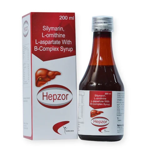 Hepzor 200ML, Silymarin 35 mg.L-ornithine L-aspartate 12.5mg.Thiamine HCL 1.5 mg Riboflavin 1.5mg Pyridoxine HCL 1.5mg Niacinamide 20.mg D-Panthenol 5 mg. Vitamin B12 1 mcg. Protein 10% 20mg. Syrup