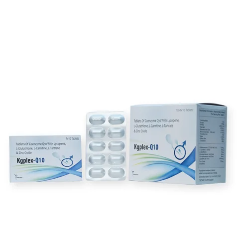 Kgplex-Q 10, Ubidecarenone ( Co Enzyme Q10)100mg + L-carnitine L-tartrate 50mg + L- glutathione 10mg + Eicosapentaenoic Acid (EPA) 90mg + Docosahexaenoic Acid (DHA) 60mg + Lycopene (as 10% ) 8000mcg + Selenium 70mcg + Zinc 12.5mg TABLET