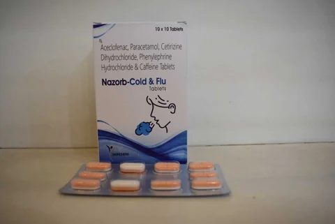 Nazorb Cold & Flu, Aceclofenac 100mg + Paracetamol 325mg + Cetrizine Dihydrochloride 10mg + Phenylephrine Hydrochloride 5mg + Caffeine 25mg Tablets