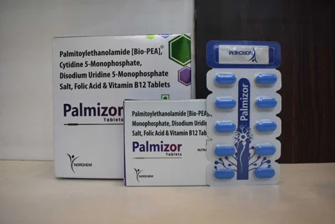 PALMIZOR Tab, Palmitoylethanolamide 300mg + Cytidine 5'-Monophosphate 15mg+ Disodium Uridine 5'-Monophosphate Salt 10mg+Folic Acid 150mg & Vitamin B12 2.20mgTablet