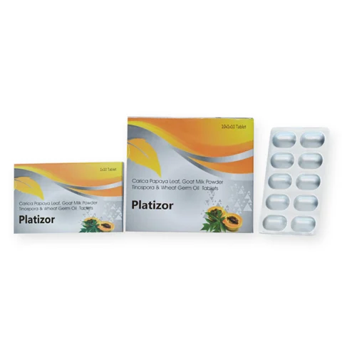 Platizor Tab, Carica Papaya Leaf 350 mg+ Tinospora 150 mg+ Goat Milk Powder 100 mg+ Tablet