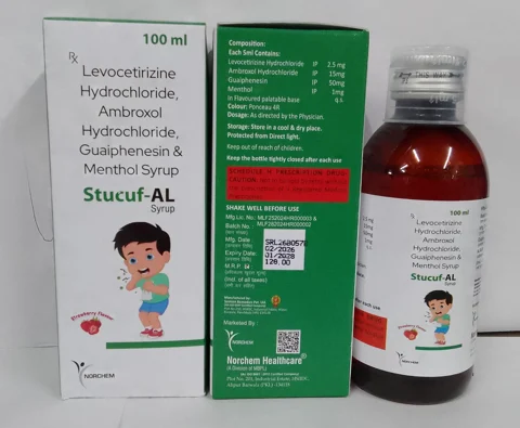 Stucuf-AL, Levocetirizine HCL 2.5 mg + Ambroxol HCL 15mg + Guaifenesin 50mg + Menthol 1mg Syrup with monocarton (Strawberry flavour)