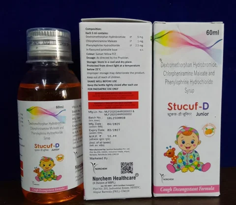 Stucuf-D Junior, Dextromethorphan HBr. 5mg + Phenylephrine 2.5mg + Chlorpheniramine 1mg Syrup With Monocarton