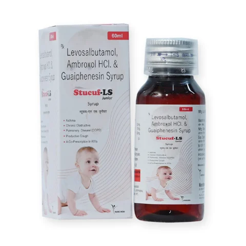Stucuf-LS Junior, Levosalbutamol Sulphate 0.5mg+ Ambroxol HcL15mg + Guaifenesin 50mg Syrup (with monocarton)