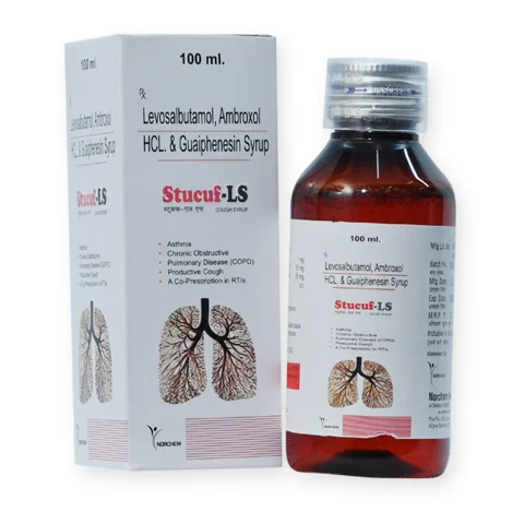 Stucuf LS, Levosalbutamol 1mg+ Ambroxol30mg + Guaiphensin 50mg Syrup With Monocarton