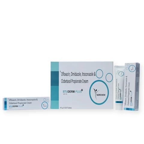 Studerm Plus, Ofloxacin 0.75% w/w+ Ornidazole 2.0% w/w+Itrazconazole +Clobetasol Propionate 0.05% w/w cream