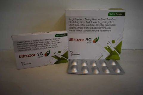 ULTRAZOR-9G, Hardgel Capsules Of Ginseng 42.5mg, Green Tea Extract 10mg Grape Seed Extract 15mg, Ginkgo Biloba 10mg, Garlic Powder,2mg Guggul 5mg, Ginger Root Extract 10mg, Green Coffee Bean Extract 10mg, Glycyrhiz 5mg, Globra Extract, Lycopene 2.5mg, Omega-3 Fatty Acid, Essential Amino Acid, Methylcobalamin 5000mcg, Vitamins, Minerals, L-carnitine L-tartrate 2500mcg& Trace Elements (FOOD)