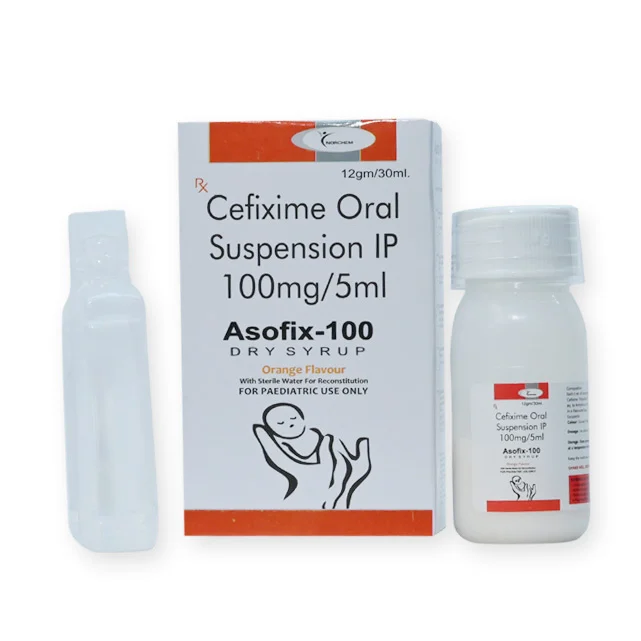 Asofix-100 W/W, Cefixime 100 mg./5 ml Dry Syrup (with monocarton) with water (UNDER DPCO), manufactured by Norchem Healthcare