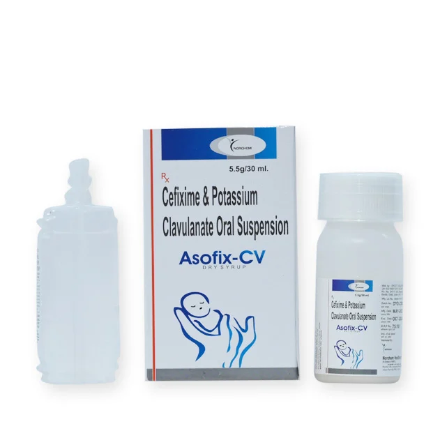 Asofix-CV W/W, Cefixime 50 mg+ Potassium clavulanate28.5mg Dry Syrup (with monocarton) with water, manufactured by Norchem Healthcare