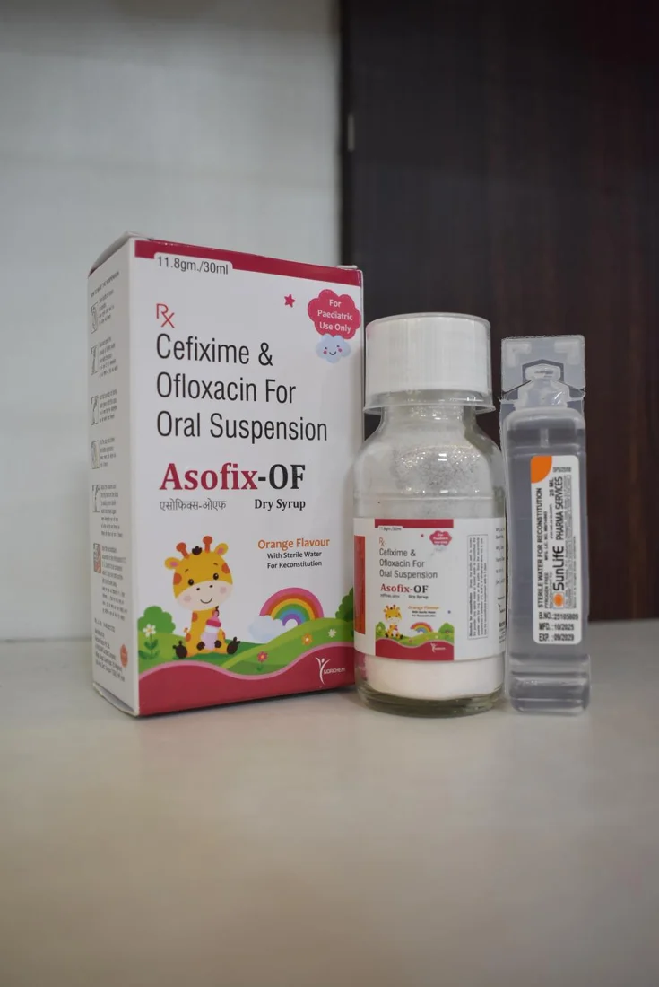 ASOFIX-OF DRY SYRUPS, Cefixime 50 mg/5ml + Ofloxacin 50mg Dry Syrup With Water & With Monocarton (GLASS BOTTLE) (Orange flavour), manufactured by Norchem Healthcare
