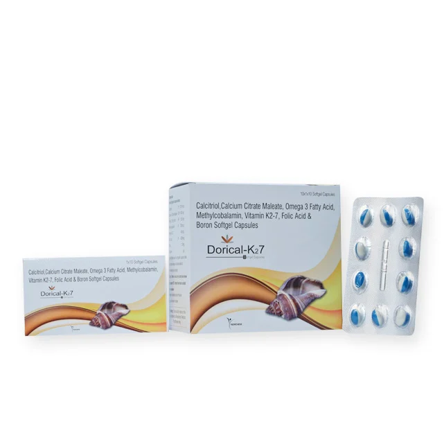 DORICAL-K27, Calcium Citrate Malate 500mg + Calcitriol 0.25 mcg + Vitamin k2-7 45mcg + Omega 3 Marine Triglycerides Eicosapentaenoic Acid 90mg + Docosahexaenoic Acid 60MG + Methylcobalamin 750 mcg + Folic Acid 400 mcg + Boron 1.5mg capsule (SoftGel Capsule In Food Formulation)