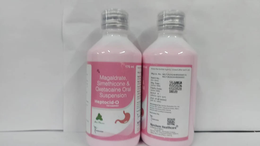 Heptocid-O, Magaldrate 540mg + Simethicone 50mg + Oxetacaine 10mg SUSP With Monocarton (Mint flavour), manufactured by Norchem Healthcare