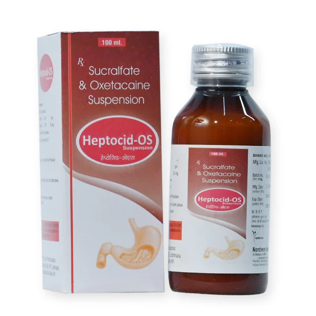 HEPTOCID-OS, Sucralfate 1gm + Oxetacain 20 mg Suspension With Monocarton, manufactured by Norchem Healthcare