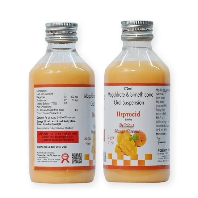 Heptocid, Megaldarate 400mg + simethicone 20mg Suspension. (Sugar Free,Mango Flavour), manufactured by Norchem Healthcare