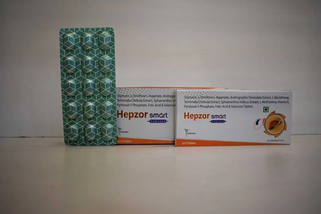 Hepzor-Smart, Silymarin 140mg+ L-Ornithine L-Aspartate 150mg+ Andrographis Paniculata Extract 65mg +L-Glutathione 5mg +Terminalia Chebula Extract 50mg +Sphaeranthus indicus Extract 50mg +L-Methionine 50mg+Vitamin-E-5mg+Pyridoxal-5 Phosphate-).95mg+ Folic Acid-110mg +Selenium-20mcg Tablet