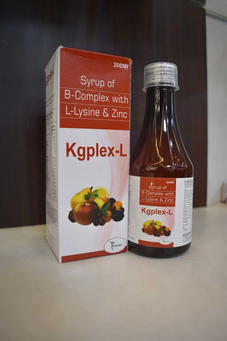 Kgplex-L SYP 200ML, B-Complex + L-Lysine Syrup (with monocarton)(Orange flavour & chocolate Flavour) (DRUG), manufactured by Norchem Healthcare