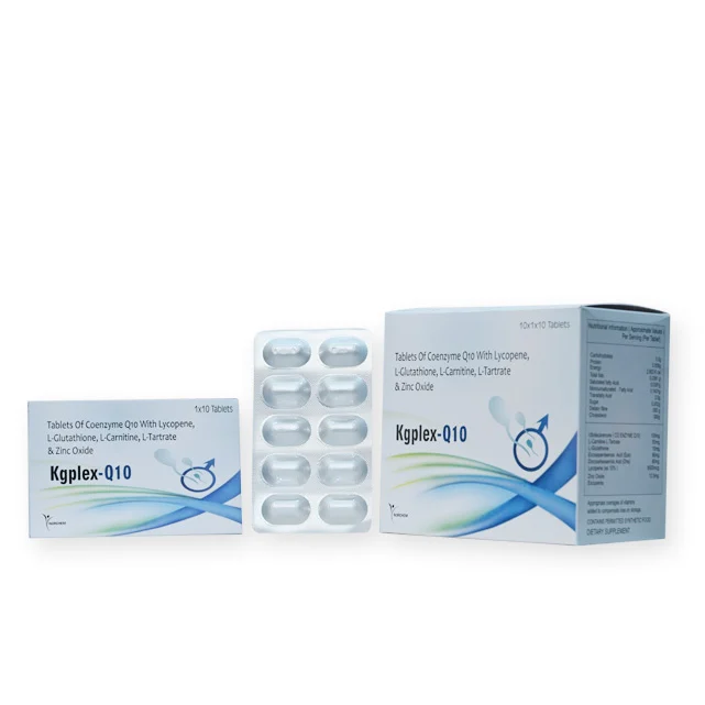 Kgplex-Q 10, Ubidecarenone ( Co Enzyme Q10)100mg + L-carnitine L-tartrate 50mg + L- glutathione 10mg + Eicosapentaenoic Acid (EPA) 90mg + Docosahexaenoic Acid (DHA) 60mg + Lycopene (as 10% ) 8000mcg + Selenium 70mcg + Zinc 12.5mg TABLET, manufactured by Norchem Healthcare