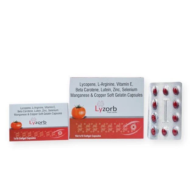 Lyzorb (DRUG), L-Arginine 25mg + Vit. E 25.mg + Beta Carotene 6.mg + Lycopene (6%) 10mg + Vit. A 5000iu + Zinc 7.5mg + Lutein (8%) 7mg + Selenium 100mcg + Manganese 1mg + Copper 1mg SoftGel Capsule. (In DRUG Formulation), manufactured by Norchem Healthcare