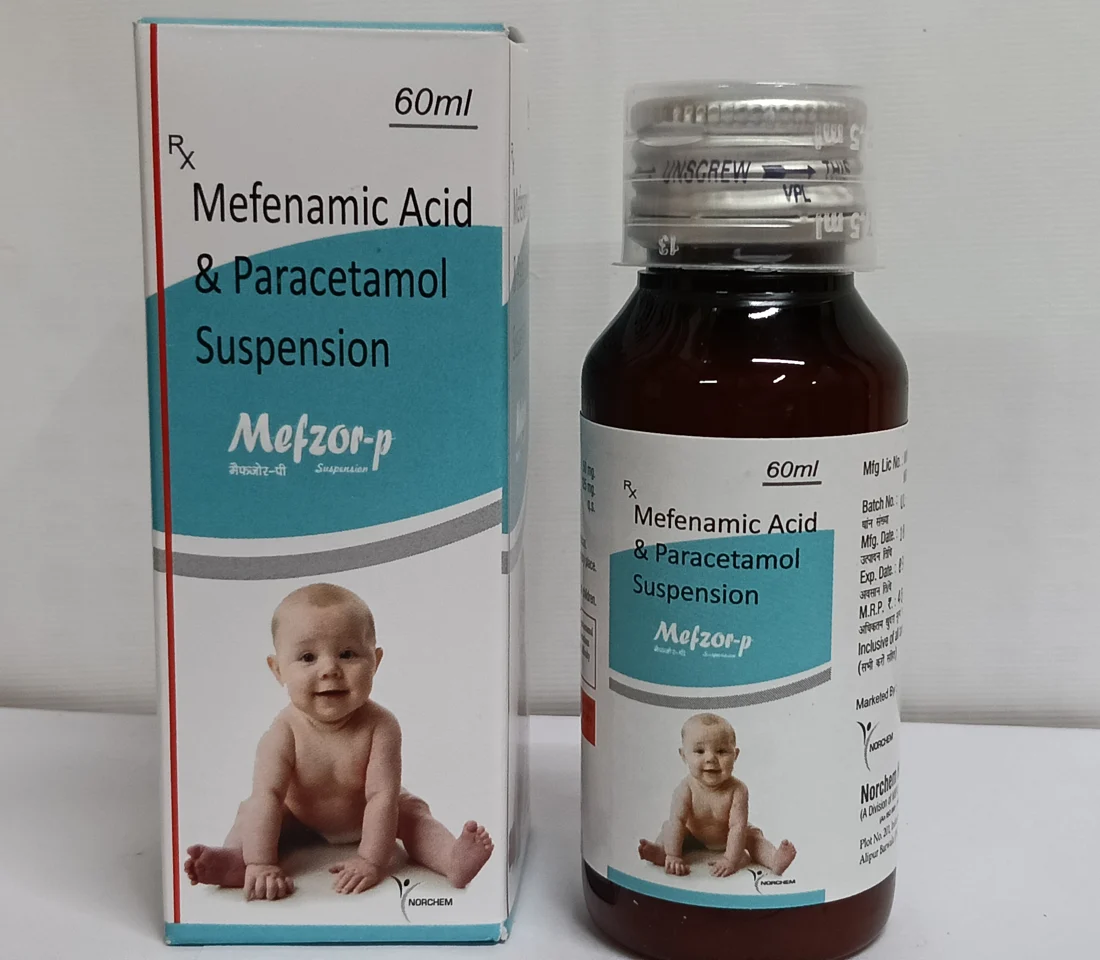 Mefzor-P, Mefenamic Acid 50mg + Paracetamol 125mg Suspension (with monocarton), manufactured by Norchem Healthcare