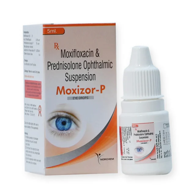 MOXIZOR-P, Moxifloxacin 0.5% w/v + Prednisolone 1% w/v Eye Drop, manufactured by Norchem Healthcare