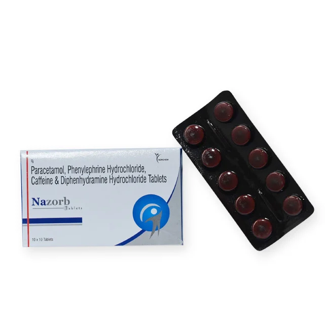 Nazorb-10, Paracetamol 325 mg + Phenylephrine 10mg Hydrochloride +Diphenhydramine HCL 2.5mg +Caffeine 30mg Tablet, manufactured by Norchem Healthcare