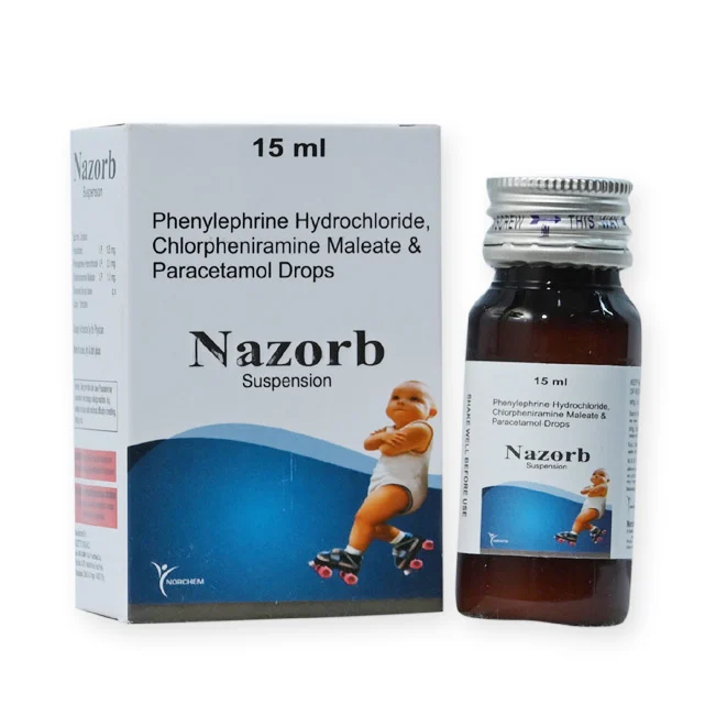 Nazorb-15ml, Paracetamol 125mg + Phenylephrine 2.5mg + CPM 1mg with monocarton, manufactured by Norchem Healthcare