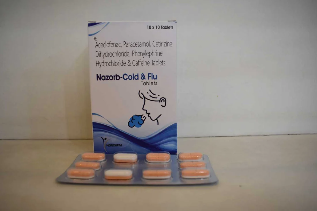 Nazorb Cold & Flu, Aceclofenac 100mg + Paracetamol 325mg + Cetrizine Dihydrochloride 10mg + Phenylephrine Hydrochloride 5mg + Caffeine 25mg Tablets, manufactured by Norchem Healthcare