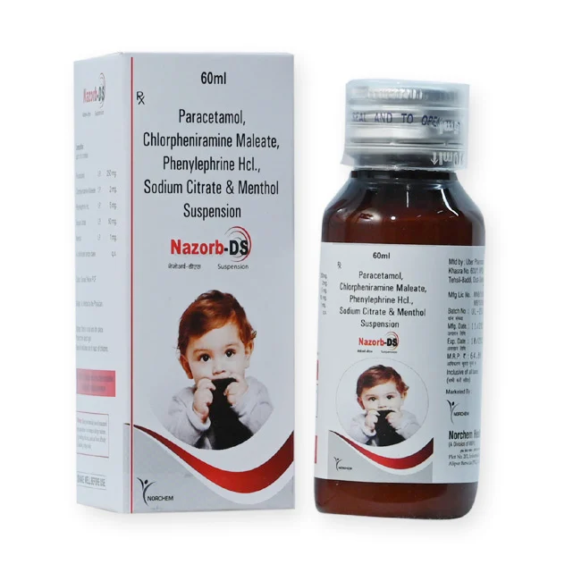 Nazorb ds, Paracetamol 250mg +Phenylephrine 5mg, + CPM 2mg. Suspension With Monocarton, manufactured by Norchem Healthcare