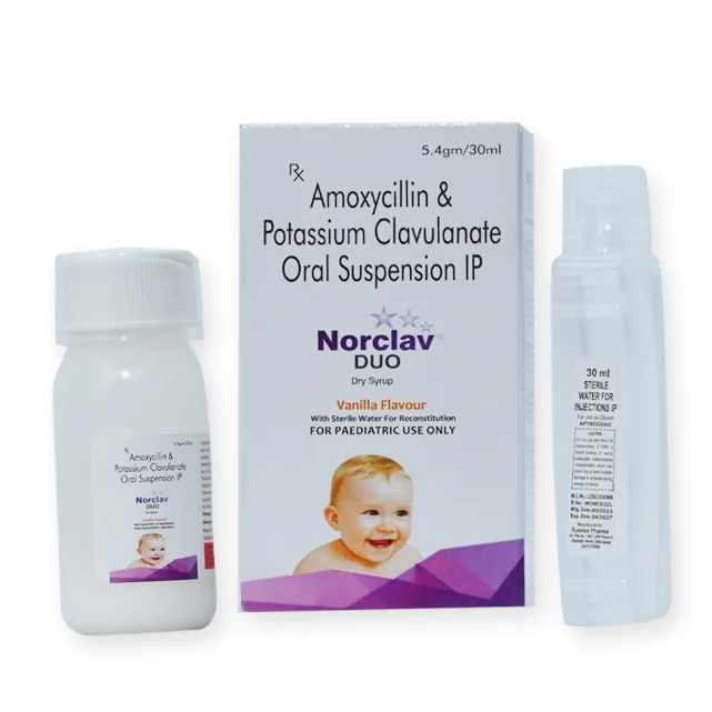 Norclav-Duo W/W, Amoxicillin 400mg + Potassium Clavulanate 57mg Dry Syrup (with monocarton) with water, manufactured by Norchem Healthcare