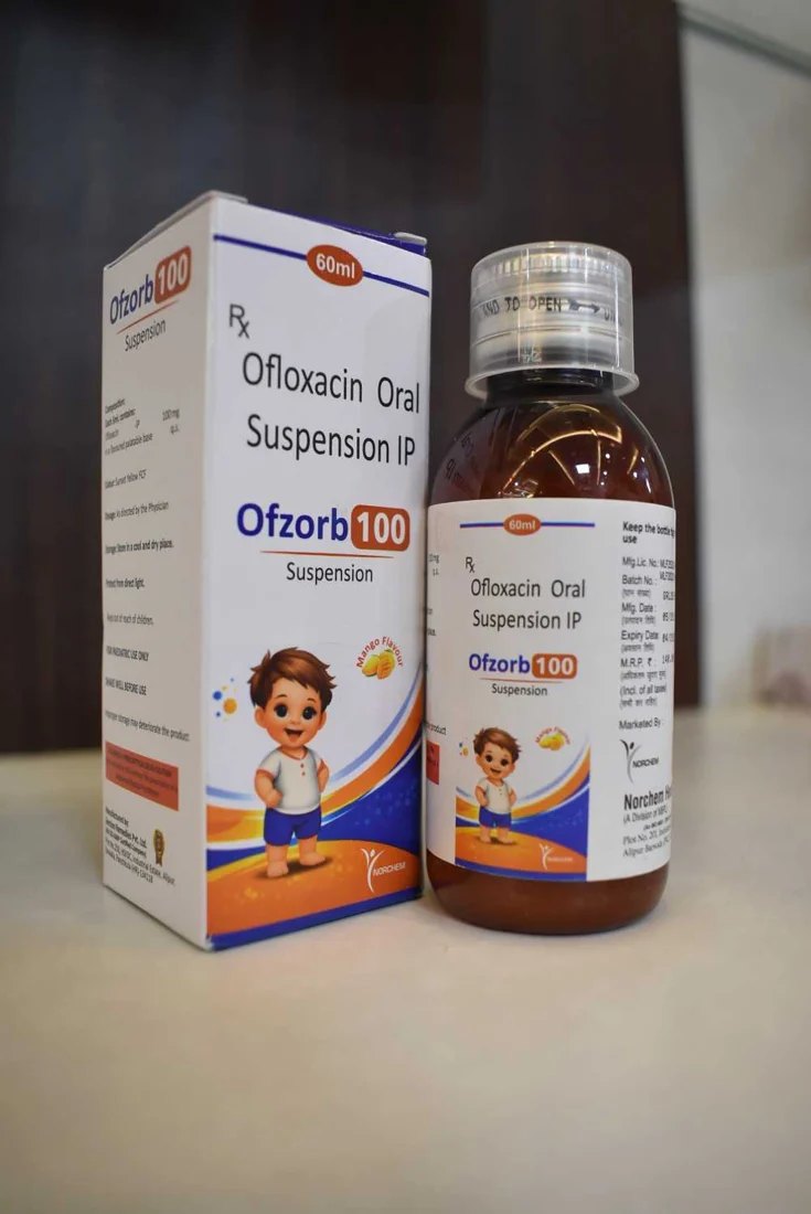 Ofzorb 100, Ofloxacin 100 mg Suspension (with monocarton)(Mango Flavour), manufactured by Norchem Healthcare