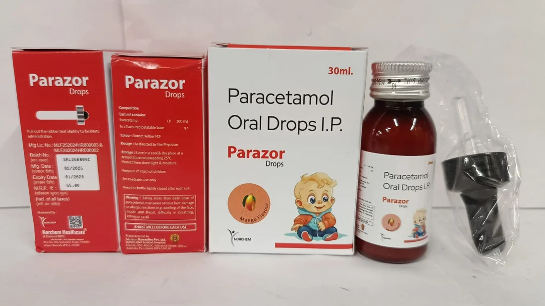 Parazor 30ml, Paracetamol 100mg Oral Solution with monocarton (Mango Flavour), manufactured by Norchem Healthcare