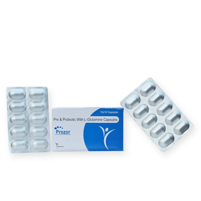 Prozor Cap (DRUG), Fructooligosaccharide 200.mg +L-Glutamine 100.mg Bifidobacterium Bifidum 150.million+ Bifidobacterium Longum 150.million+Lactobacillus Acidophilus 300.million +Streptococcus Thermophilus 150. million prebiotic + Probiotic (In Drug Formulation), manufactured by Norchem Healthcare