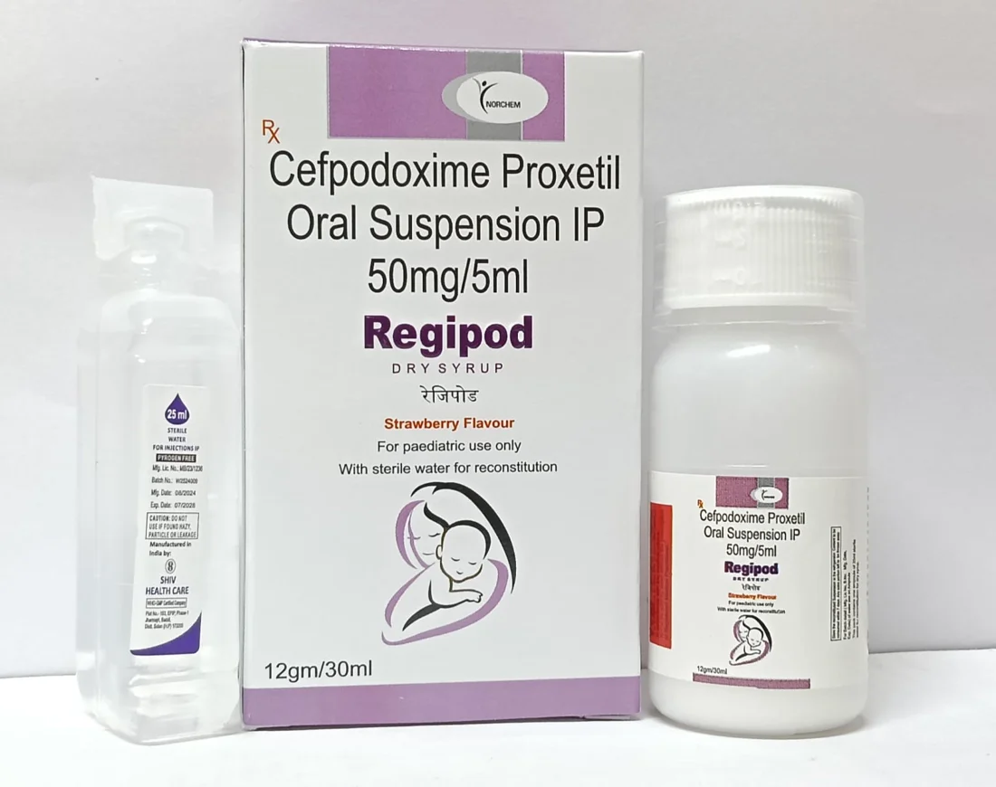 Regipod-50 Syrup, Cefpodoxime 50mg/5ml Dry Syrup (With Water & Monocarton), manufactured by Norchem Healthcare