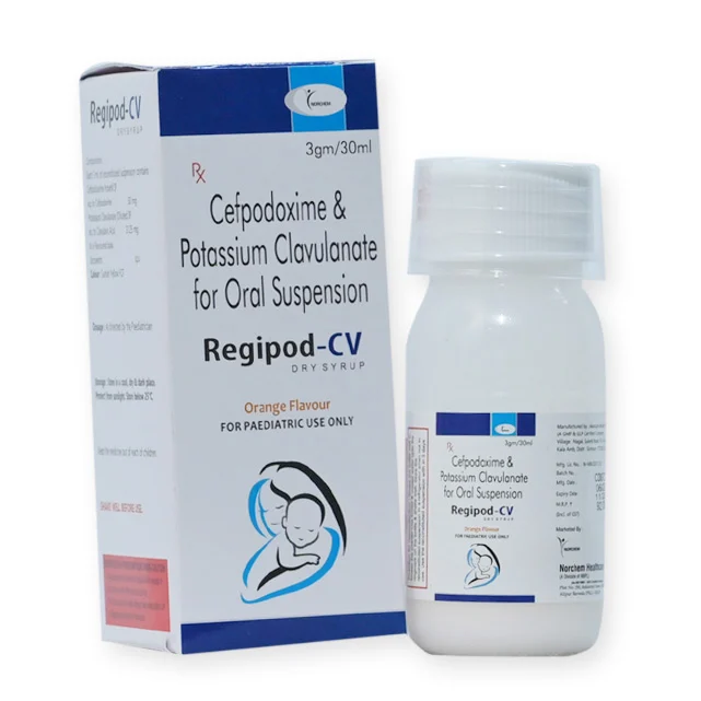 Regipod-CV D/S, Cefpodoxime 50mg + Potassium Clavulanate31.25mg Dry Syrup (With Monocartoon), manufactured by Norchem Healthcare