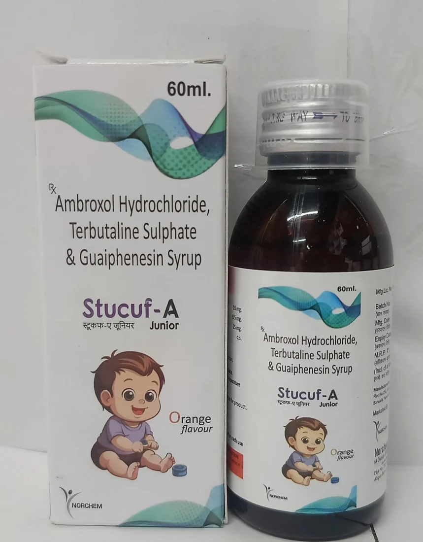 Stucuf-A Junior, Ambroxol Hcl 10mg + Terbutaline 0.5mg + Guaifenesin 50mg+Menthol 25mg Syrup (with monocarton)