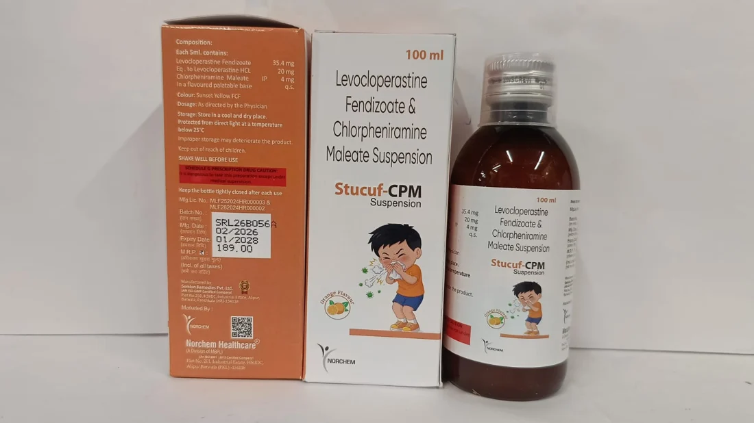 Stucuf-CPM, Levocloperastine Fendizoate 35.4MG EQ.to Levocloperastine 20MG+ CPM 4MG SYP