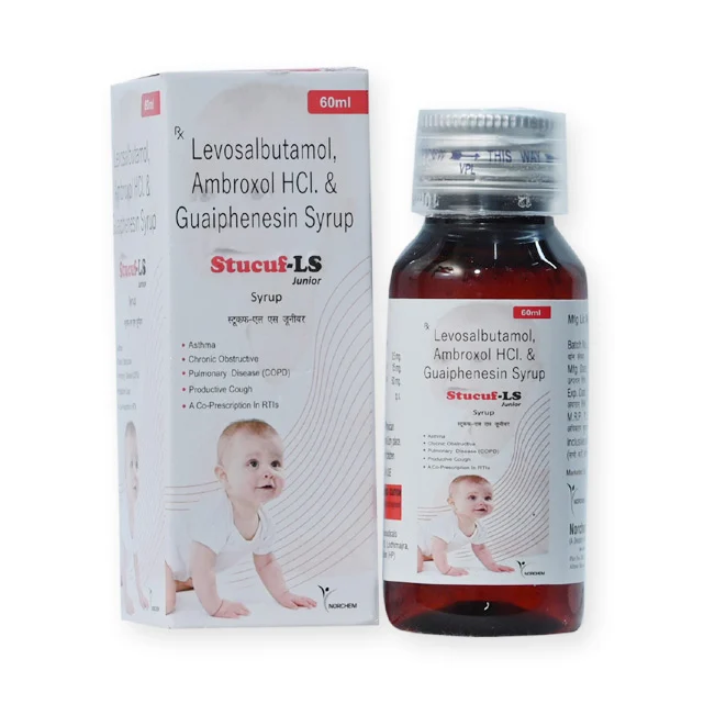 Stucuf-LS Junior, Levosalbutamol Sulphate 0.5mg+ Ambroxol HcL15mg + Guaifenesin 50mg Syrup (with monocarton), manufactured by Norchem Healthcare