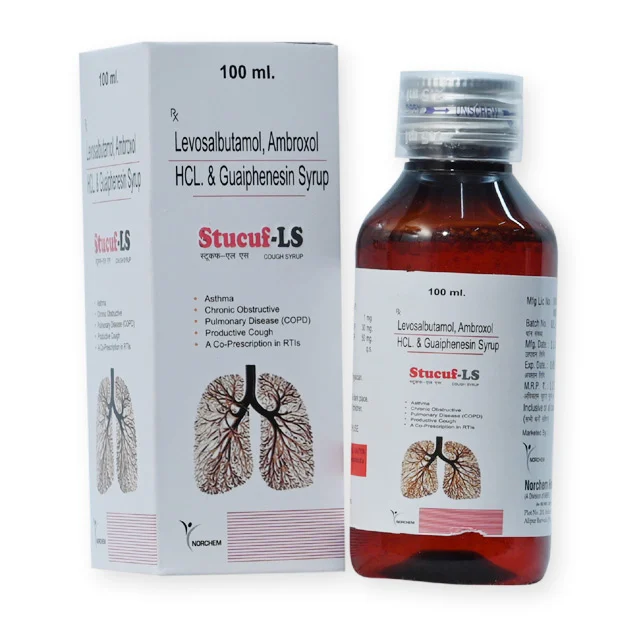 Stucuf LS, Levosalbutamol 1mg+ Ambroxol30mg + Guaiphensin 50mg Syrup With Monocarton, manufactured by Norchem Healthcare