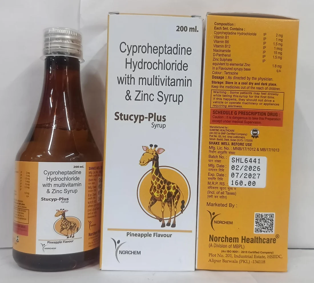 Stucyp-Plus, Cyproheptadine HCL 2mg + Multivitamin + D-Panthenol 1.5 mg + Niacinamide 15 mg + Zinc Sulphate 1.8mgSyrup (Pineapple Flavour), manufactured by Norchem Healthcare