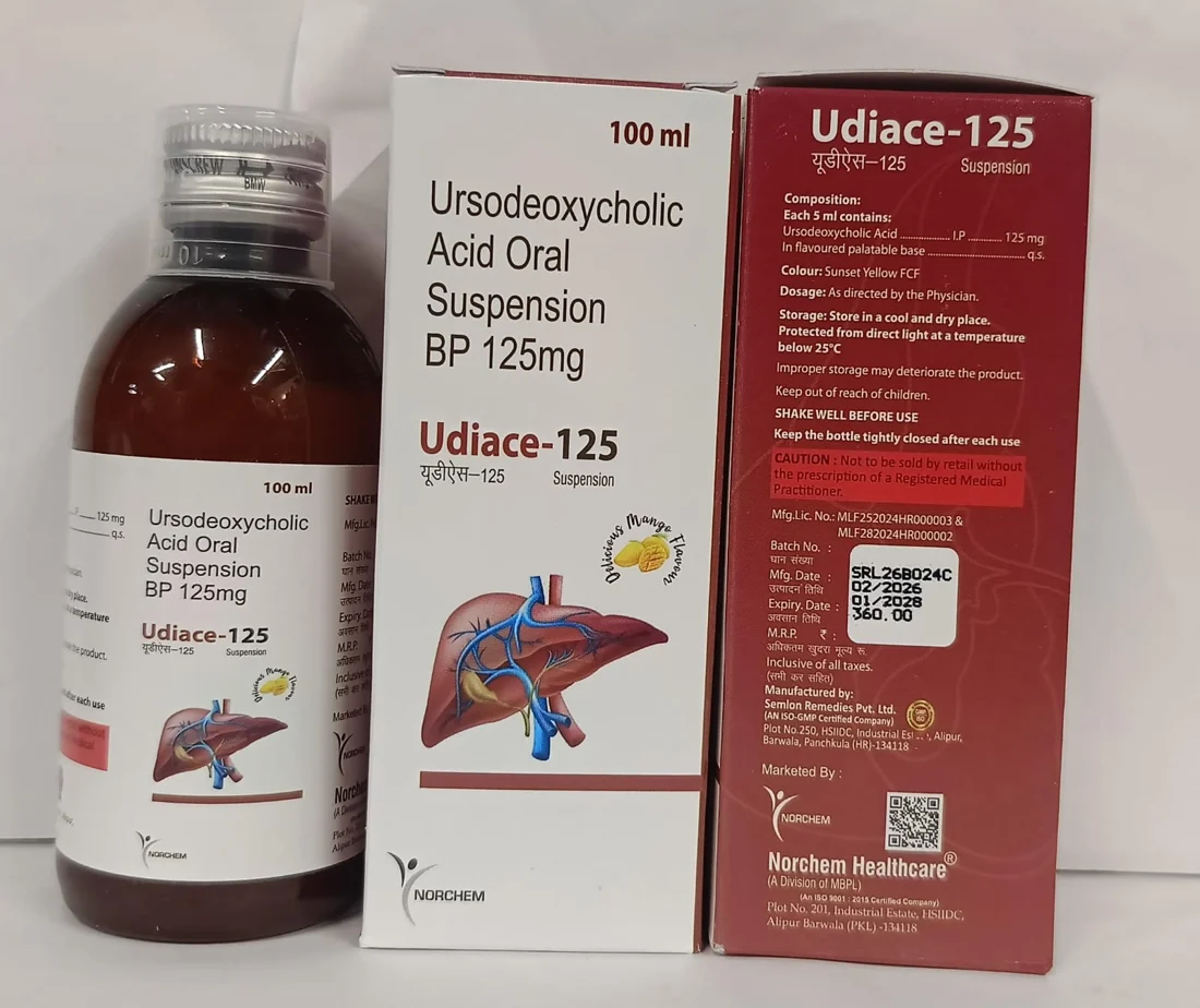 Udiace-125, Ursodeoxycholic Acid oral suspension 125mg/5ml Monocarton (Mango Flavour), manufactured by Norchem Healthcare