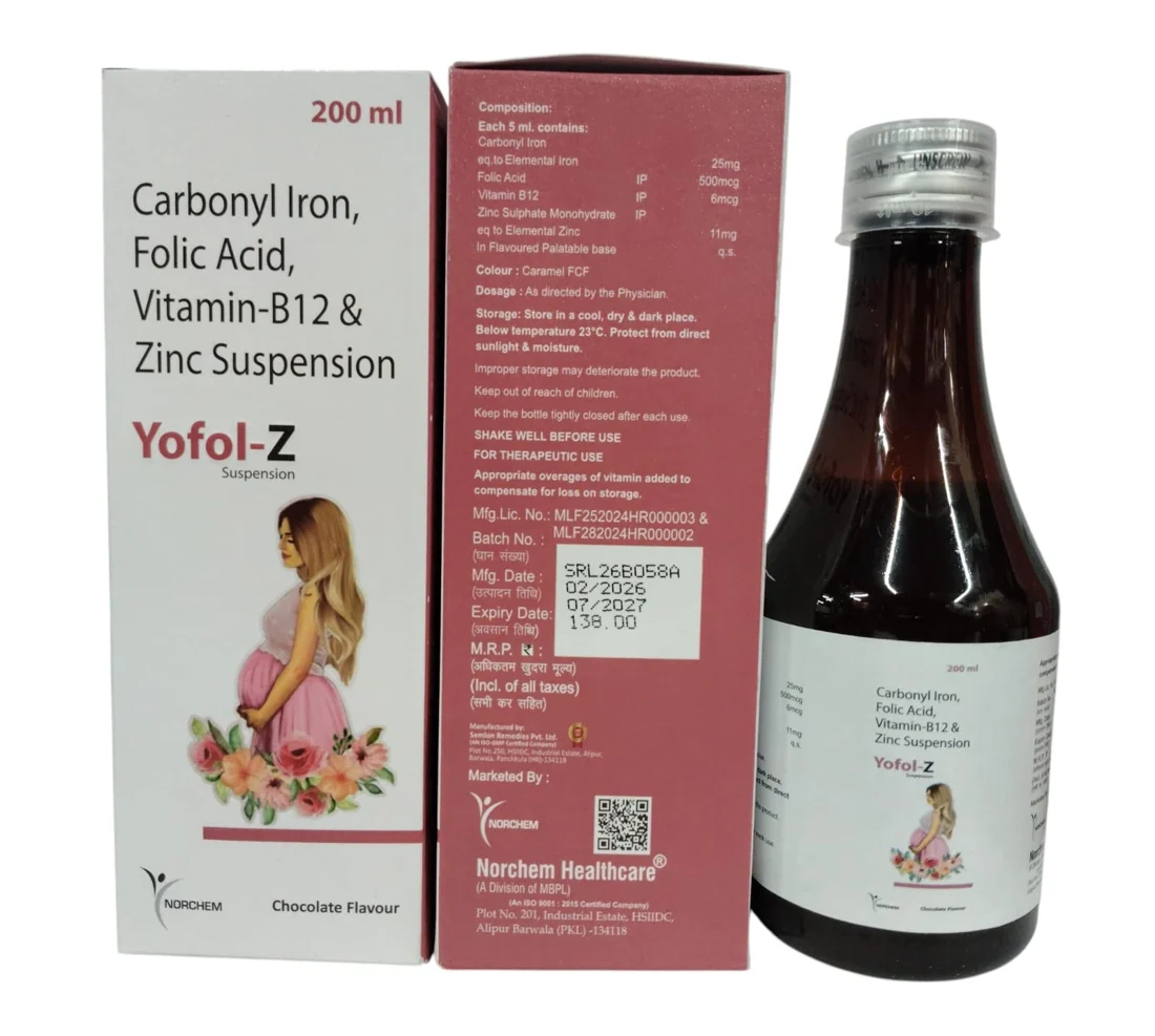 Yofol-Z SYRUP, Carbonyl Iron 25mg+ Zinc Sulphate 11mg + Vit.B12 6mcg + Folic Acid 500mcg Syrup (with monocarton) (DRUG) (CHOCOLATE FLAVOUR), manufactured by Norchem Healthcare